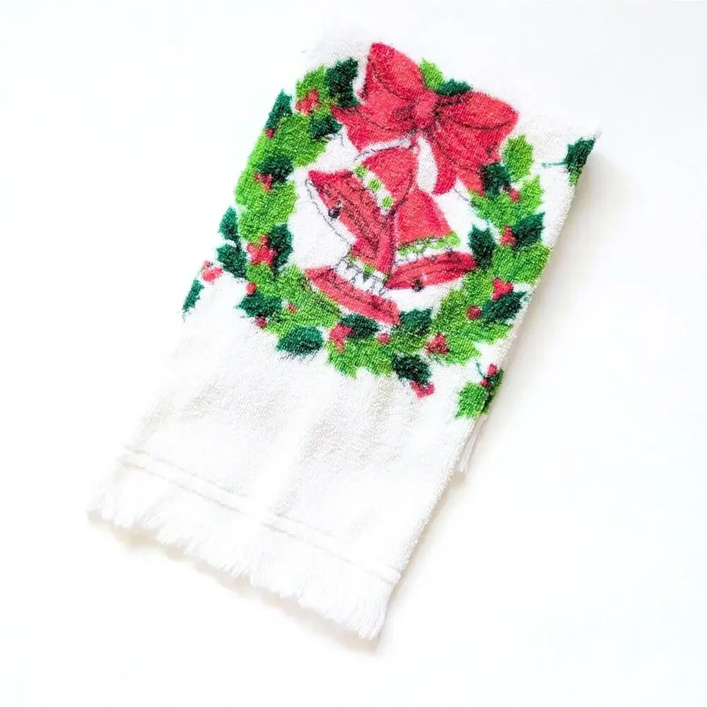 Vintage Christmas Hand Towel with Bells and Holly